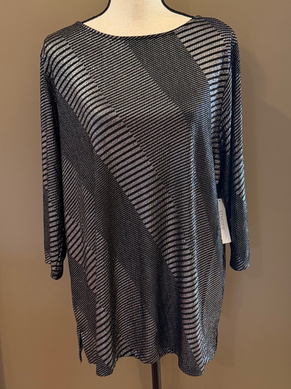 NWT Chico's Black & Silver Metallic Tunic Top Party Holiday, Size XL 16/18